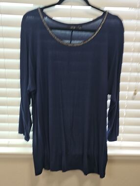 Apt. 9 Navy Long-Sleeve Tunic with Beaded Neckline